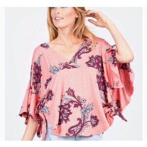 Free People Maui Wowie Pink Paisley Boho Top XS Oversized Flowing Side Ties